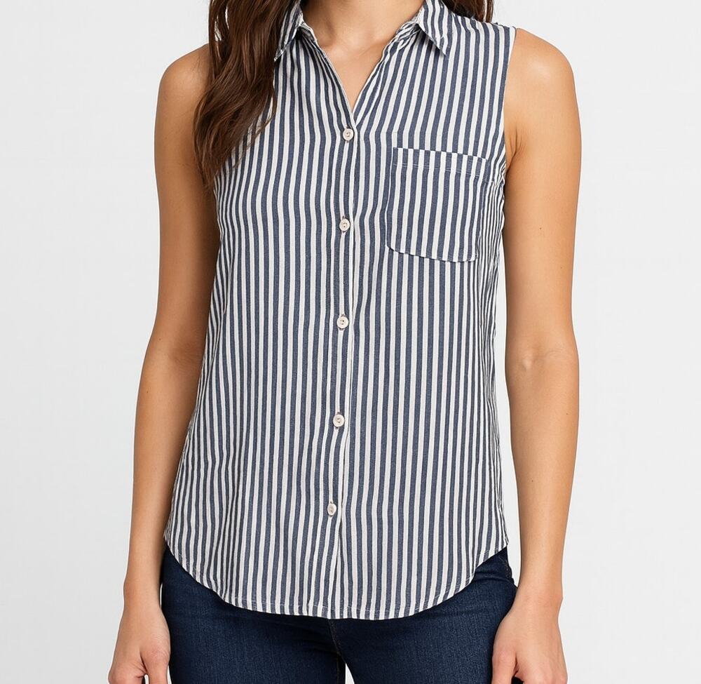bll beachlunchlounge Small Blue White Stripe Sleeveless Button Front Top